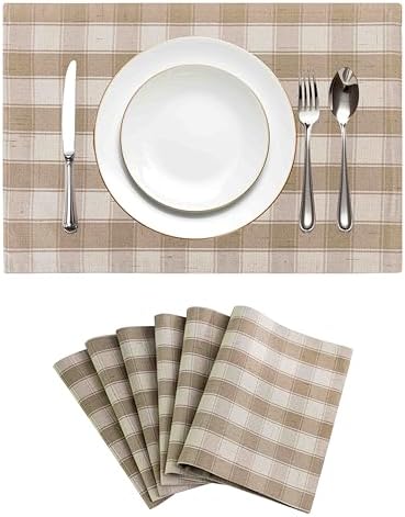 Home Brilliant Beige Placemats Set of 6 Farmhouse Buffalo Plaid Place