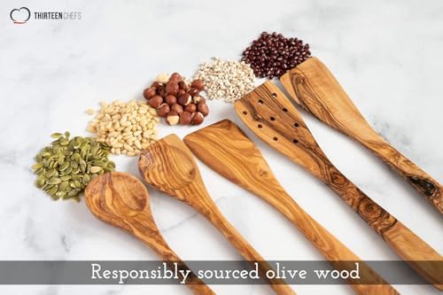 Tramanto Olive Wood Utensil Set - 5 Piece Spatula and Spoon Wooden