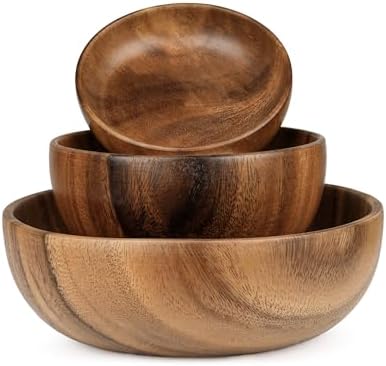 Wooden Salad Bowls Set of 3, Acacia, 5.1, 6.3 & 8.6 Inch