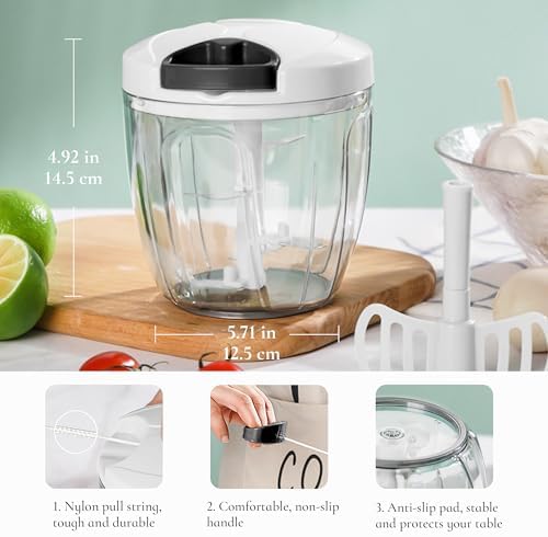 Pull‐String Manual Food Chopper with Sharp Blades, 900ml White
