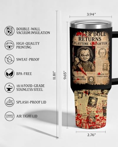 34HD Killer Doll Horror Wanna Play 40 oz Tumbler with Handle