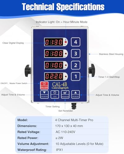 Commercial Kitchen Timer, 4 Channel, Stainless Steel