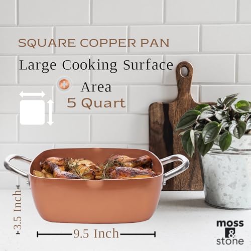 Moss & Stone 5 Pcs Deep Fry Pan Set with Fry Basket, 5 Qt Copper Pan