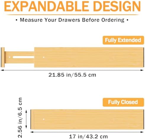 Bamboo Drawer Dividers Organizers, 2.56" High, 17"-21.8" Adjustable