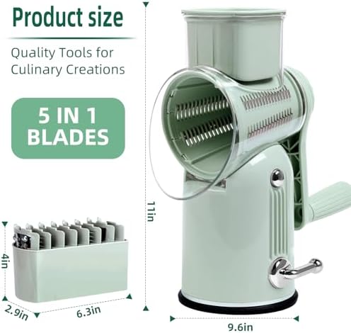 Rotary Cheese Grater with Handle, 5 Replaceable Blades, Green