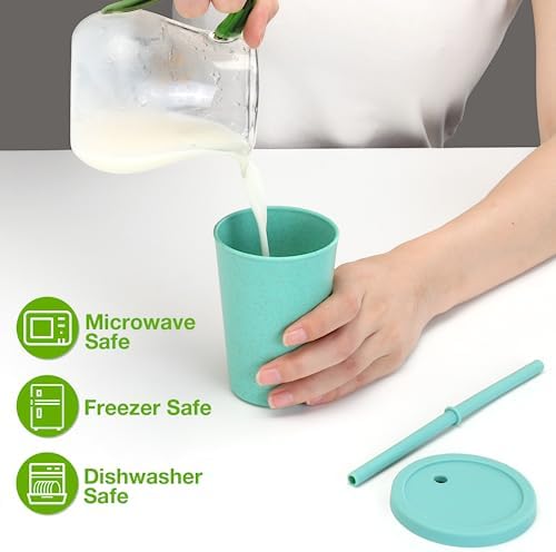 Mfacoy 4 Pack Wheat Straw Cups with Lid and Straws, 10 oz Unbreakable