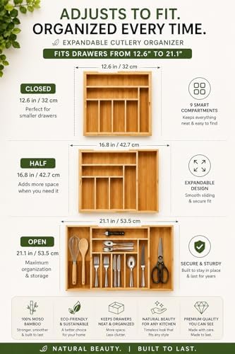 Tiny Earth Threads Bamboo Expandable Drawer Organizer – 9 Compartments
