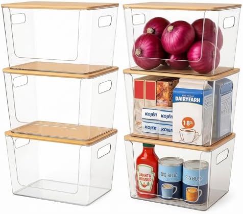 CiWiVOKi 6 Pack Clear Stackable Storage Bins with Bamboo Lids, Trash
