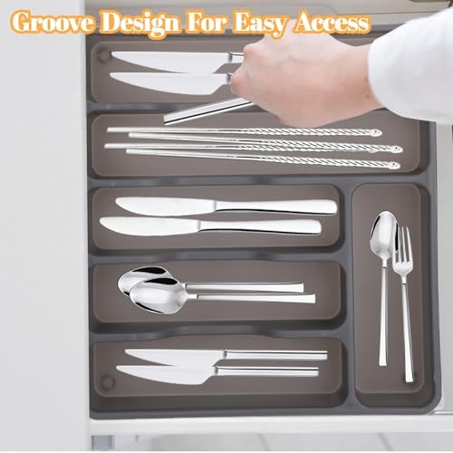 Gray Silverware Organizer with Lid, 6 Compartments