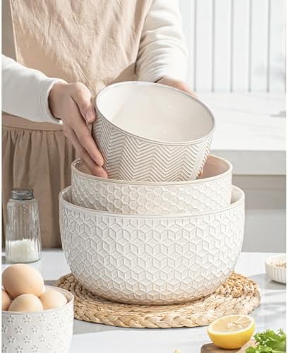 Ceramic Mixing Bowls, Embossed Nesting Bowls Set of 4, Mixing Bowl Set
