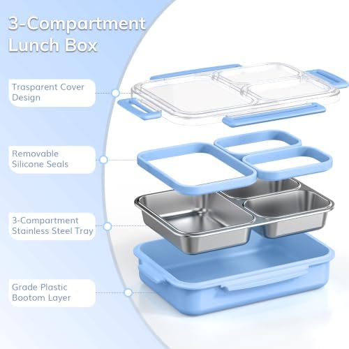 KHOXU Stainless Steel Lunch Box for Kids, Bento Box Adults, 28oz Blue