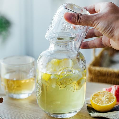 Bedside Water Carafe Set, 15 oz Clear Floral Glass with Tumbler Lid