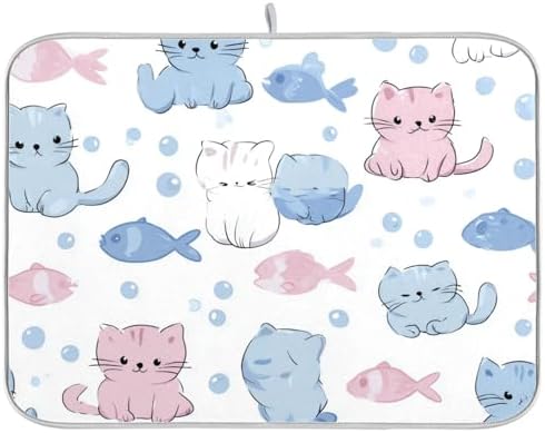 OTVEE Blue Kitty Art Dish Drying Mat for Kitchen Counter Absorbent