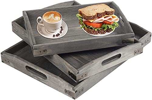 Owlgift Vintage Grey Wood Serving Trays with Brass Metal Wrap Accents