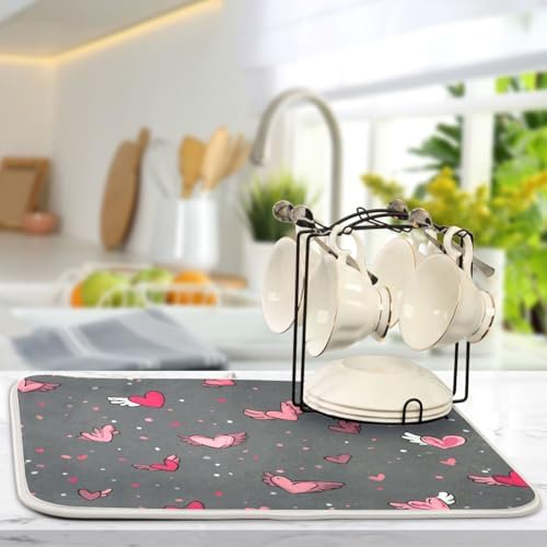OTVEE Pink Wing Art Dish Drying Mat for Kitchen Counter Absorbent Heat