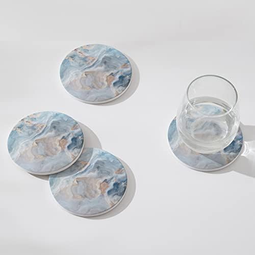Set of 6 Abstract Blue Marble Coasters with Holder, Absorbent Ceramic