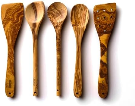 OLIVIKOTM 100% Olive Wood HANDMADE 5 Spoon Set | Ideal for Nonstick