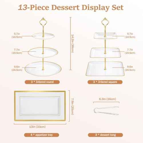 13 Pcs Dessert Display Set, 6 3-Tier Cupcake Stands, 4 Trays & 3 Tongs