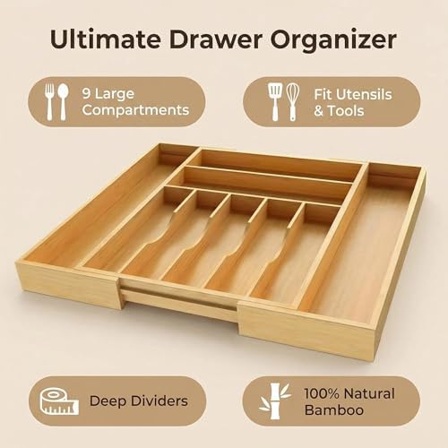 Expandable Bamboo Silverware Drawer Organizer, 20" Wide, 9