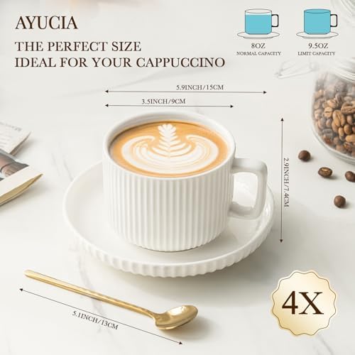 8 Ounce Cappuccino Cups Set of 4, Latte Mugs with Saucers and Spoons