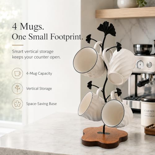 Coffee Mug Holder for Countertop, Ginkgo Leaf Mug Tree with 4 Hooks