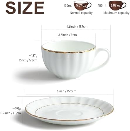 IQCWOOD Fine Bone China Tea Cup and Saucers with Gold Trim Set of