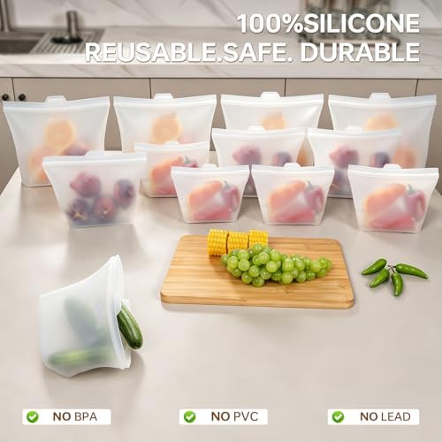 12 Pack Reusable Silicone Bags - 100% Food Grade, Small, Medium, Large