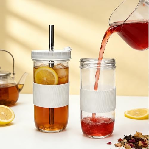 Mapoxy 6 Pack 24oz Mason Jar Cups with Lids and Straws, White Boba