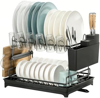 2-Tier Carbon Steel Dish Drying Rack, W16.5In