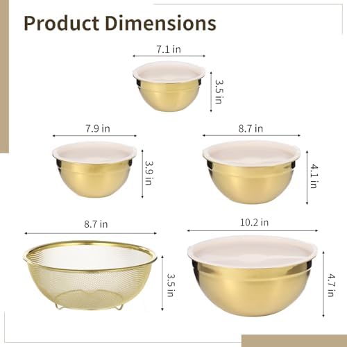 5 PCS Golden Mixing Bowls, Stainless Steel Salad Bowls with Airtight