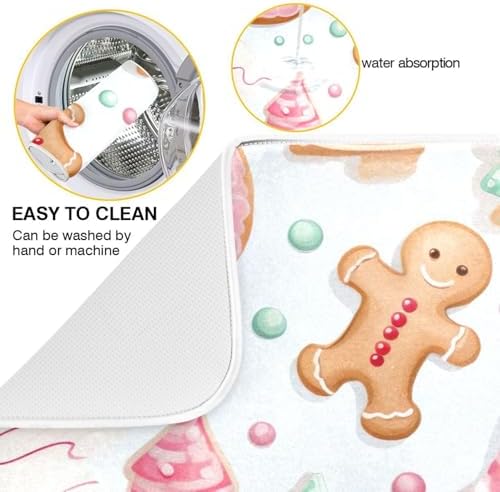 Emelivor Pink Green Christmas Gingerbread Dish Drying Mat for Kitchen
