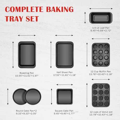 Bakeware Sets, Nonstick Baking Pans Set 8 Piece Including Donut Pan,2 Round Cake Pan, Square Cake Pan, Loaf Pan, Muffin Pan, Cookie Sheet, Roast Pan, Carbon Steel Bake Set (black)