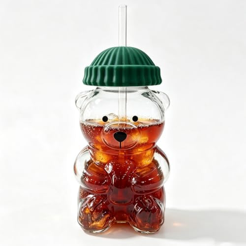 Cute Bear 20oz High Borosilicate Glass Cup with Straw & Lid, Iced