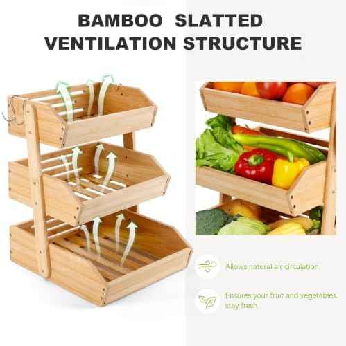 Fyvva 3 Tier Bamboo Fruit Basket with 2 Banana Hangers for Kitchen Counter