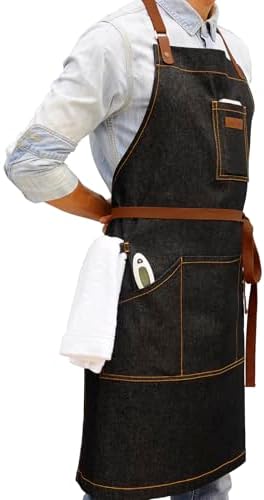 Black Kitchen Apron with Pockets & Towel Loop for Men Women, Denim
