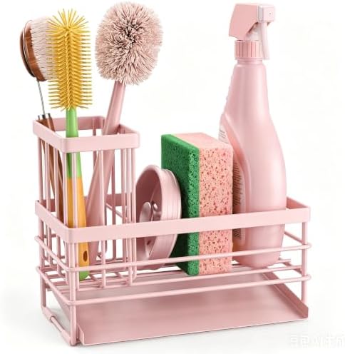 Cisily Pink Sink Caddy Sponge Holder for Kitchen with Brush Holder and
