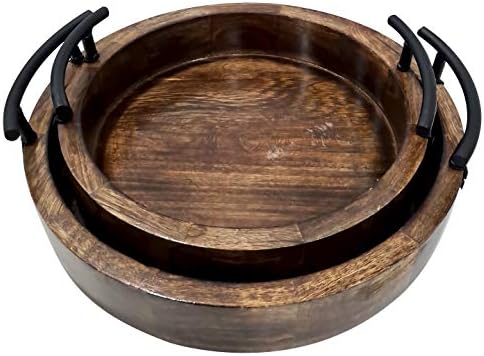 Handmade Round Wooden Serving Tray Set of 2 Rustic Deep Design with