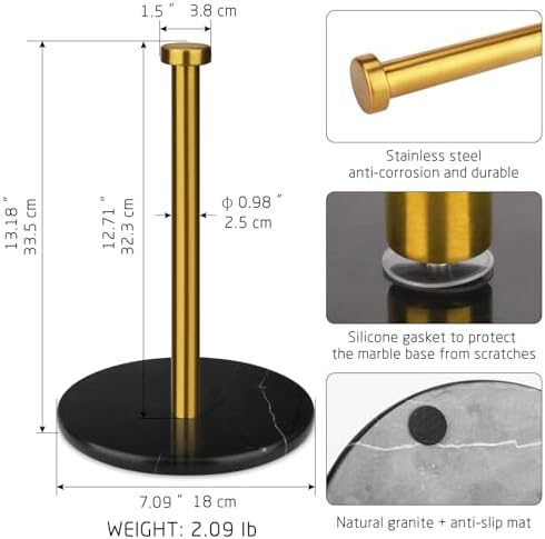 Paper Towel Holder, Brushed Gold, 7 Inch Black Marble Base