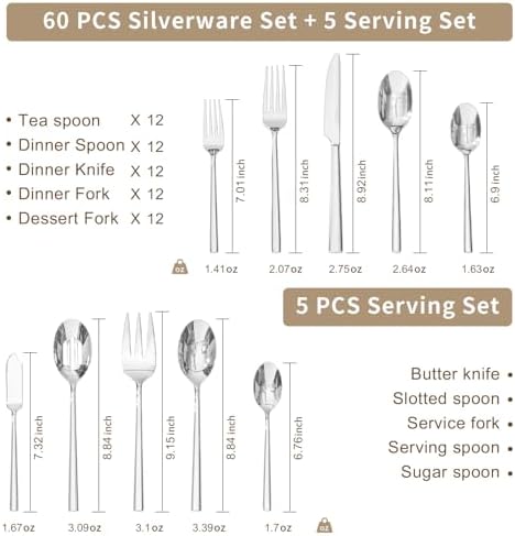 65-Piece Silverware Set with Serving Utensils, Forged Flatware Cutlery