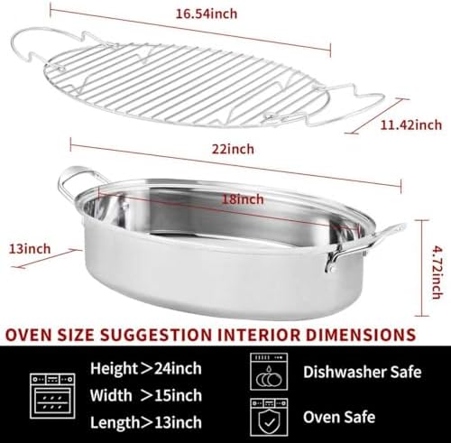 Roasting Pan With Rack and Lid,22INCH Oval Stainless Steel Turkey