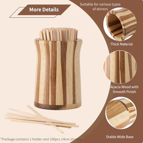 Wood Coffee Stirrers Holder Set with 100 Disposable Stir Sticks
