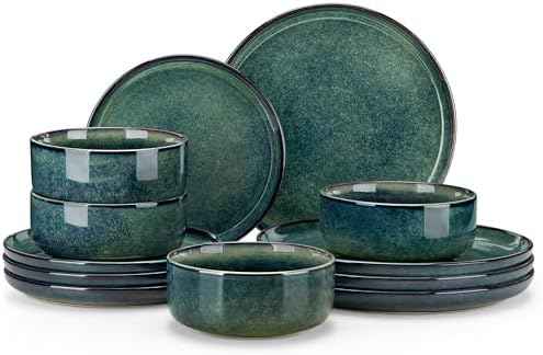 vancasso Starry 12 Pieces Dinnerware Sets for 4, Green Reactive Glaze