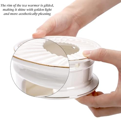 Ceramic Teapot Warmer, Gold Rim Teapot Heater with Tealight Holder