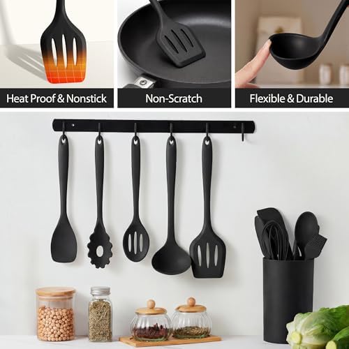 LIANYU 14 Pcs Black Silicone Kitchen Utensils Set