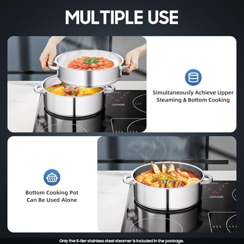 5 Tier Steamer Cooker,Home Steam Pot Set,Multi tier Stainless Steel Kitchen Cookware Hot Pot for Cooking Vegetables, Seafood, Soups, Stews and Pasta (Silver, 11 * 17.71 in)