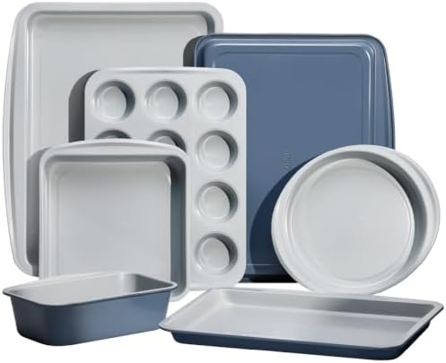 Carote 7Pieces Baking Pans Set Nonstick, Premium Carbon Steel Non Toxic Stackable Bakeware Sets for Kitchen, Scratch-Resistant, Oven Bake Sheets for Baking, Cake Pan, Roasting Pan, Muffin Pan, Blue