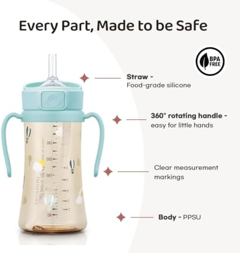 GROSMIMI PPSU Baby Straw Cup Stage 2, 12M+, Spill-Proof, 10oz
