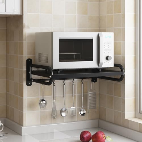 Wall Mount Microwave Shelf with 6 Hooks, Black