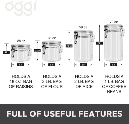 Oggi 4pc Clear Canister Set with Clamp Lids & Spoons - Airtight Food