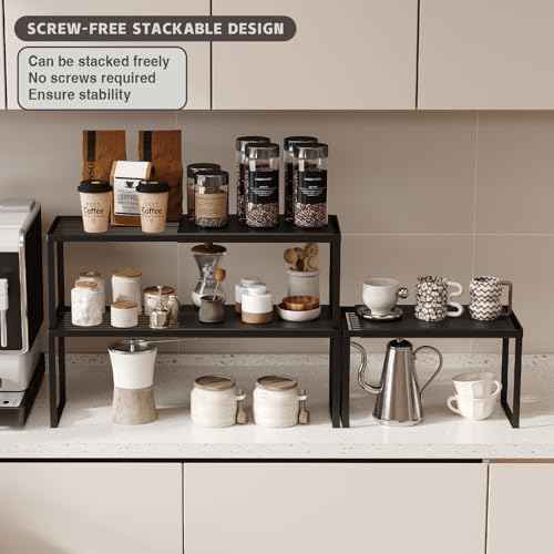 Magheo Expandable Kitchen Countertop Organizer, 2 Pack Stackable Cabinet Shelf Risers, Metal Spice Rack Heavy Duty Counter Organizer Storage for Kitchen, Pantry, Cupboard, Rv (8.7in Height,Black)